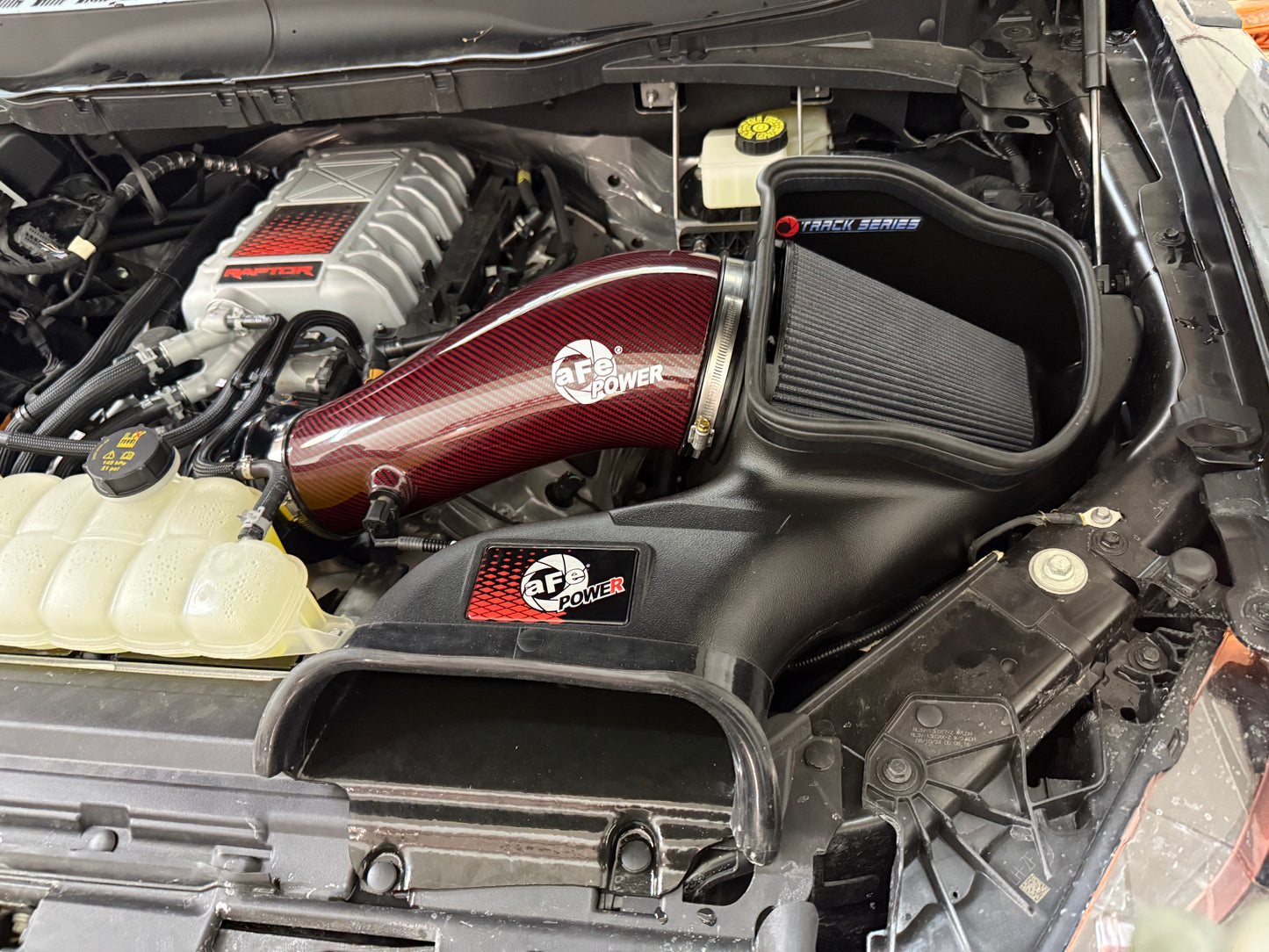 AFE 23-25 Ford Raptor R V8 5.2L Supercharged Red Carbon Track Series Air Intake w/ P5R Filter