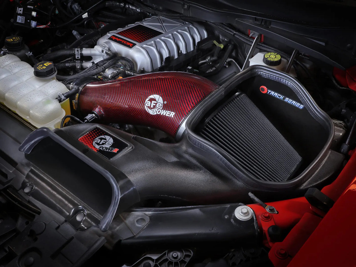 AFE 23-24 Ford F150 Raptor R V8 5.2L Supercharged Red Carbon Track Series Air Intake w/ P5R Filter