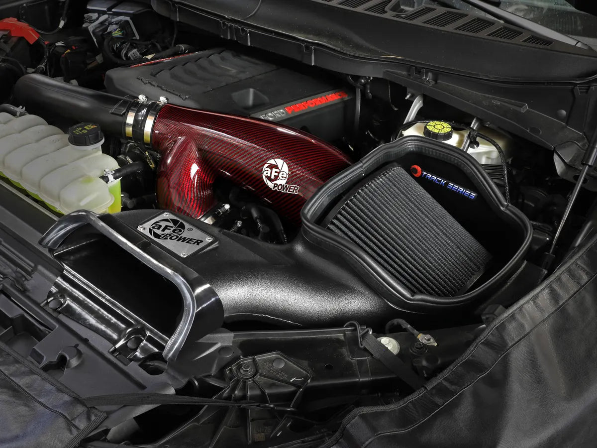 AFE Track Series Red Kevlar Carbon Fiber Cold Air Intake System w/ Black Pro 5R Filter - 3.5L Twin Turbo