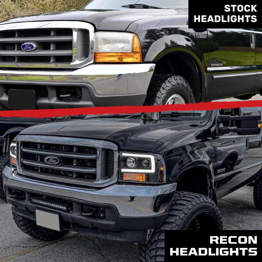 RECON Ford Super Duty 99-04 Projector Headlights OLED Halos DRL Smoked or Clear Lens
