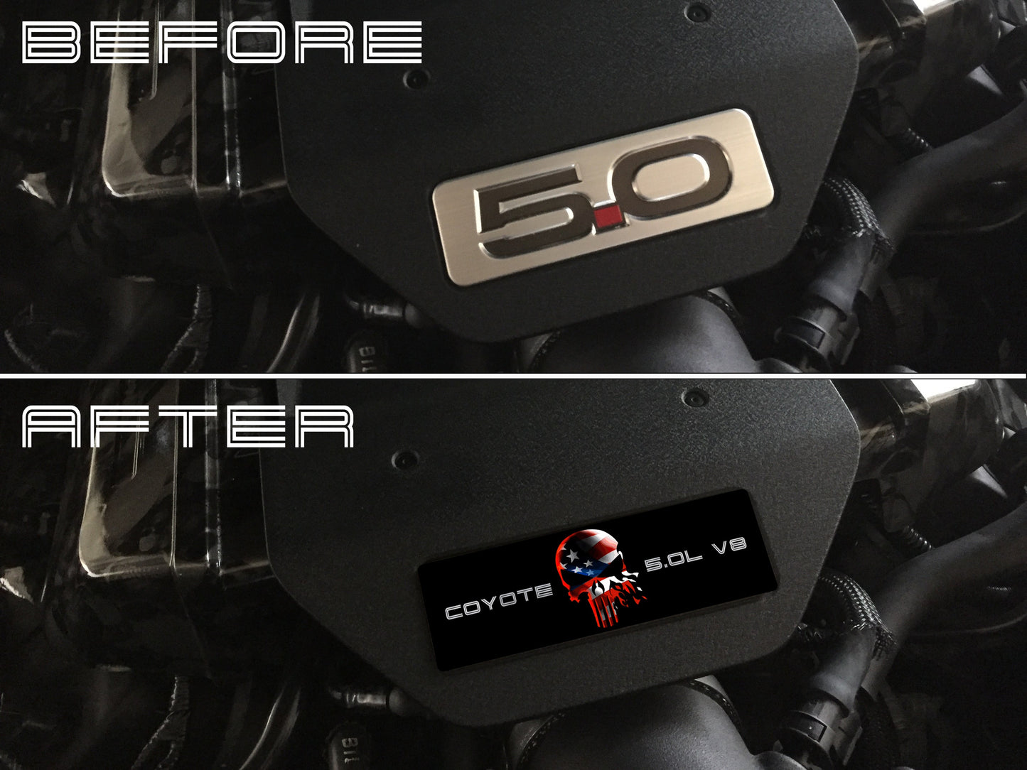 Aluminum Engine Cover Plate [S16] Punisher Flag Coyote V8 (2015-2017 Mustang)