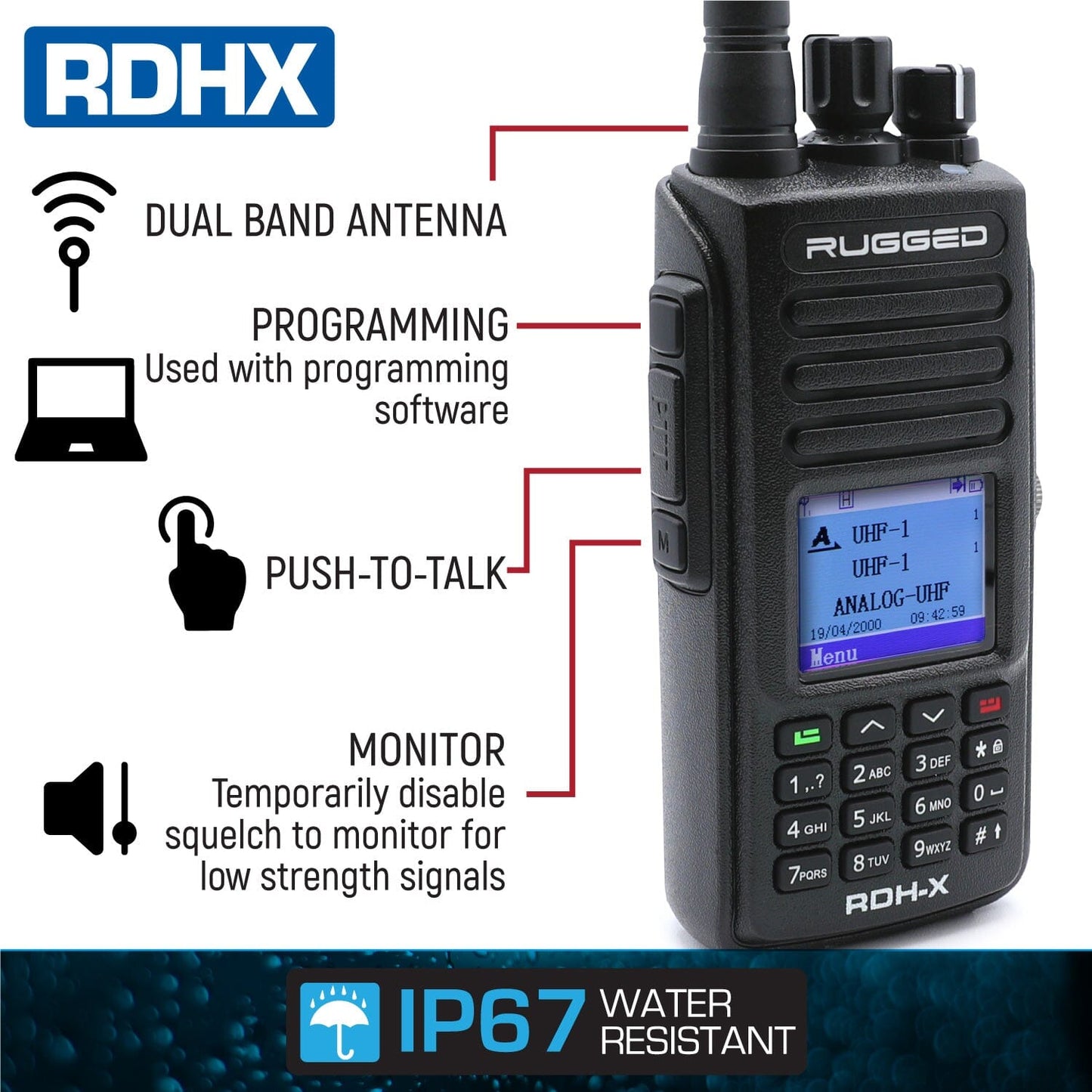 WATERPROOF - Rugged RDH-X - Business Band Two Way Handheld Radio - Digital and Analog Black